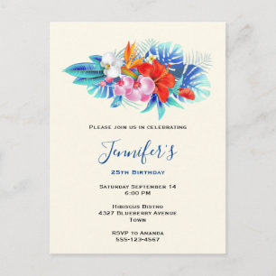 Invitation Carte Postale Fleurs tropicales exotiques - Anniversaire rose et