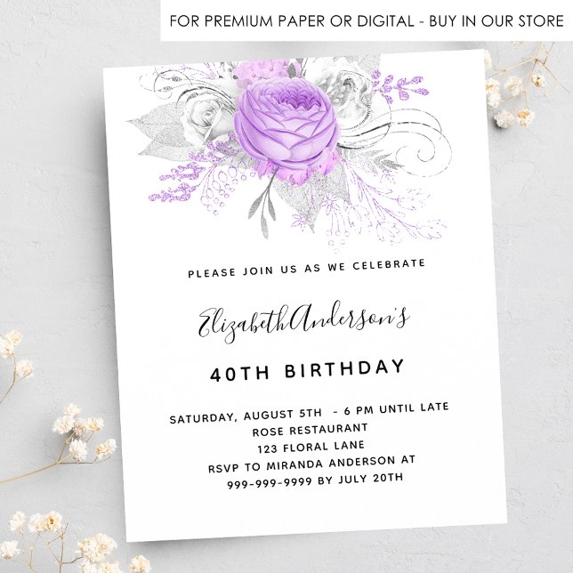 Invitation Carte Postale Fleurs violettes pour anniversaire élégant argent (Créateur téléchargé)