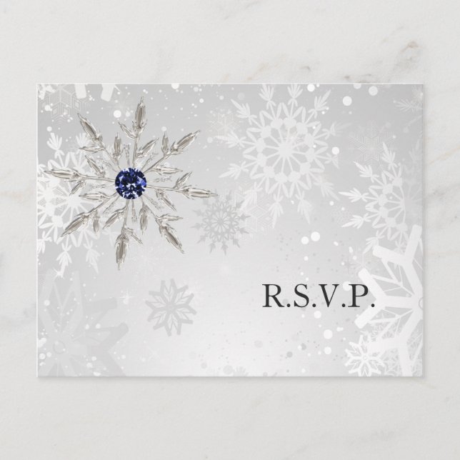 Invitation Carte Postale flocons de neige marine argent mariage hiver rsvp (Devant)