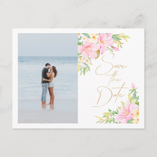 Invitation Carte Postale Floral Aquarelle Mariage Photo Enregistrer la date (Devant)