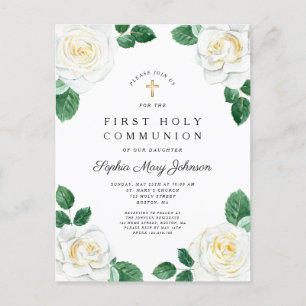 Invitation Carte Postale Floral Blanc Aquarelle Rose Fille Première Communi