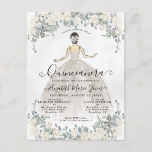 Invitation Carte Postale Floral blanc ivoire princesse Anniversaire Quincea