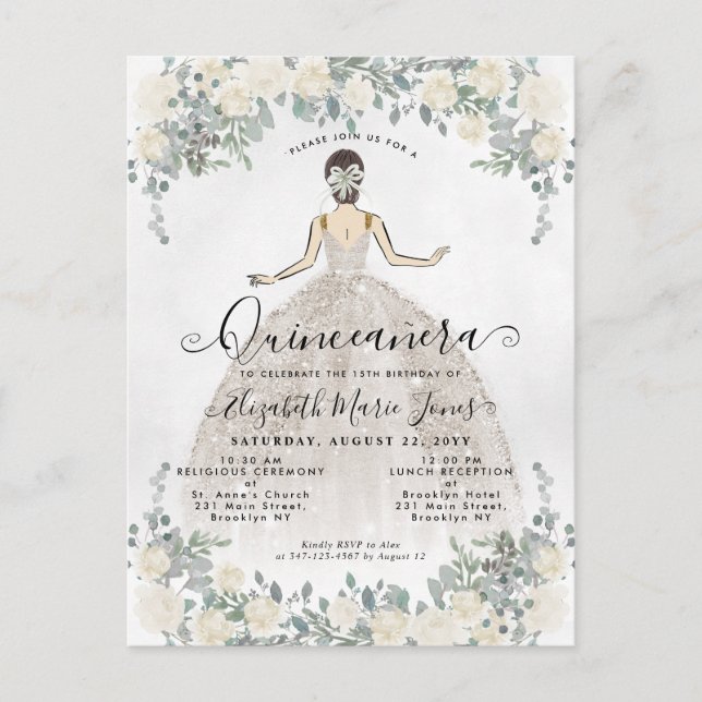 Invitation Carte Postale Floral blanc ivoire princesse Anniversaire Quincea (Devant)