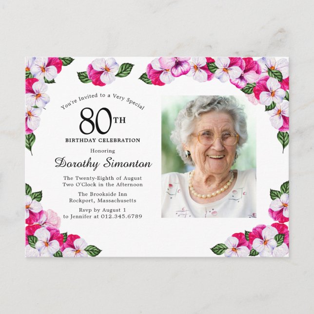 Invitation Carte Postale Floral blanc rose 80e anniversaire (Devant)