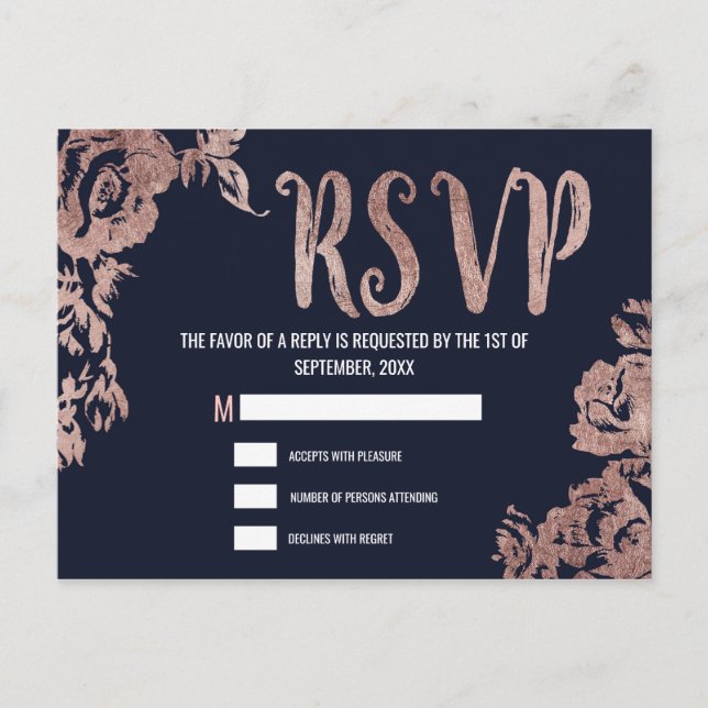 Invitation Carte Postale Floral bleu marine et Rose or RSVP (Devant)