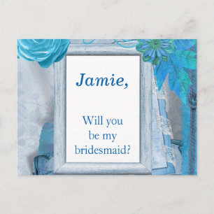 Invitation Carte Postale Floral bleu, tu seras ma demoiselle d'honneur