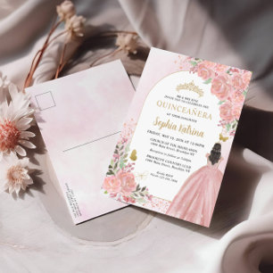 Invitation Carte Postale Floral Blush Rose Gold Gown Anniversaire Quinceane