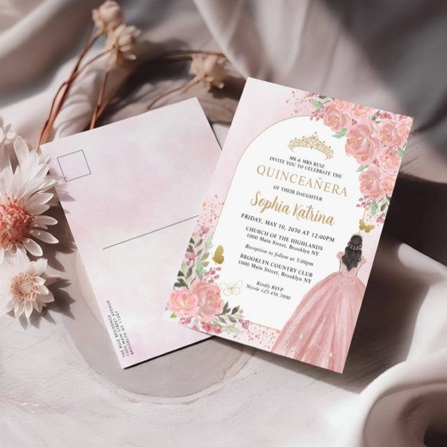Invitation Carte Postale Floral Blush Rose Gold Gown Anniversaire Quinceane (Créateur téléchargé)