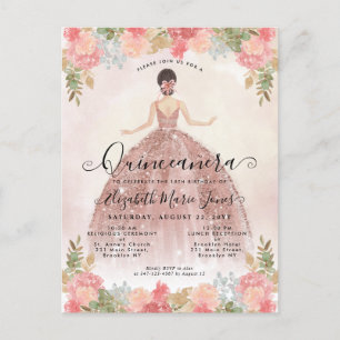 Invitation Carte Postale Floral Blush rose princesse Anniversaire Quinceane
