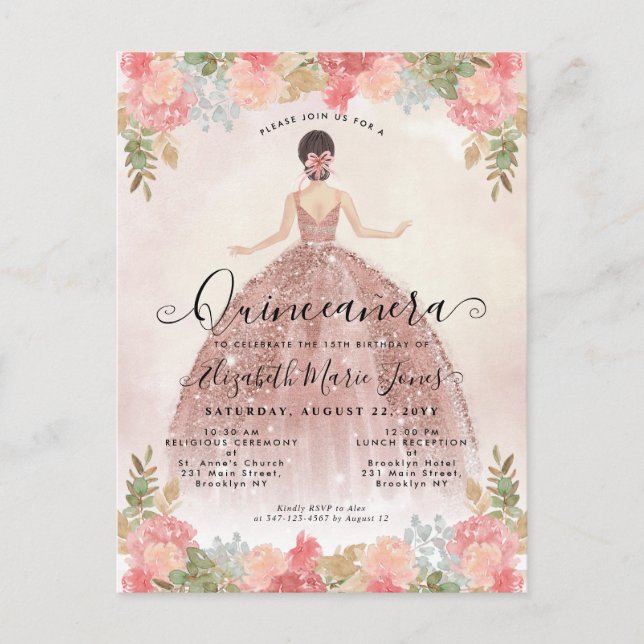 Invitation Carte Postale Floral Blush rose princesse Anniversaire Quinceane (Devant)