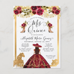 Invitation Carte Postale Floral Bourgogne Gold Charra Princesse Quinceanera