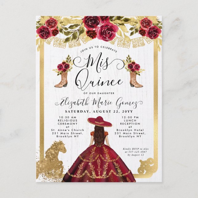 Invitation Carte Postale Floral Bourgogne Gold Charra Princesse Quinceanera (Devant)