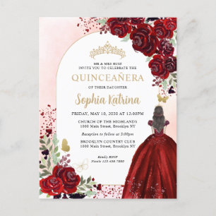 Invitation Carte Postale Floral Bourgogne Gold Princesse Anniversaire Quinc