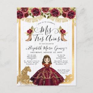Invitation Carte Postale Floral Bourgogne Gold Princesse Mis 3 Años Anniver
