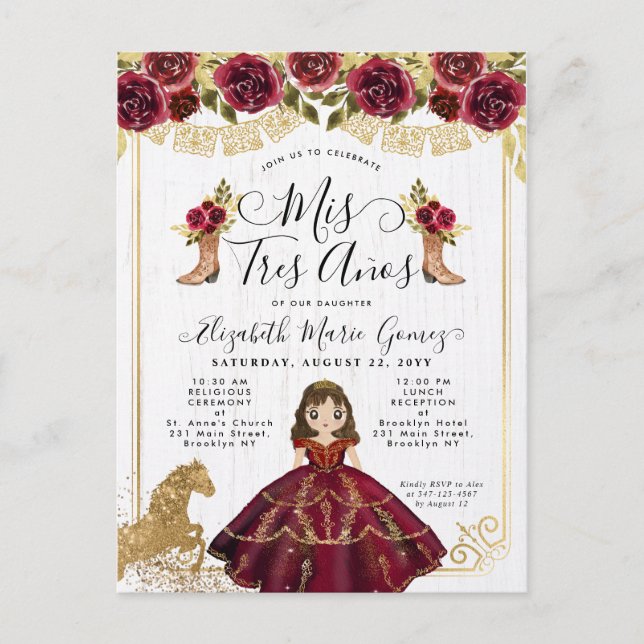 Invitation Carte Postale Floral Bourgogne Gold Princesse Mis 3 Años Anniver (Devant)