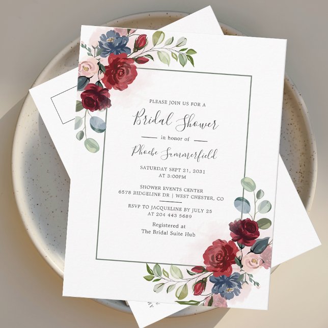 Invitation Carte Postale Floral Burgundy Script Eucalyptus Fête des mariées (Watercolor Floral Burgundy Bridal Shower Invitation Postcard)