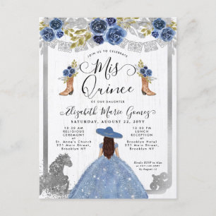 Invitation Carte Postale Floral Dusty Bleu Argent Charra Cheval Quinceanera