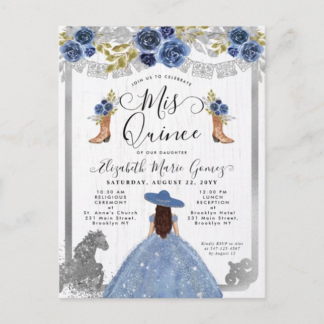 Invitation Carte Postale Floral Dusty Bleu Argent Charra Cheval Quinceanera (Devant)
