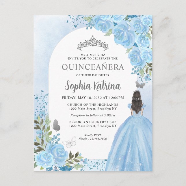 Invitation Carte Postale Floral Dusty Blue Princess Anniversaire Quinceaner (Devant)