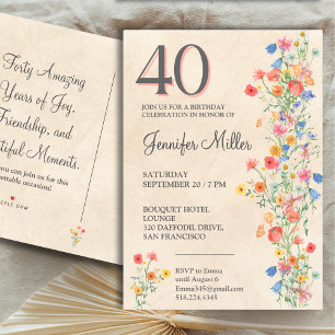 Invitation Carte Postale Floral Elégant 40e anniversaire, Fleur sauvage 40