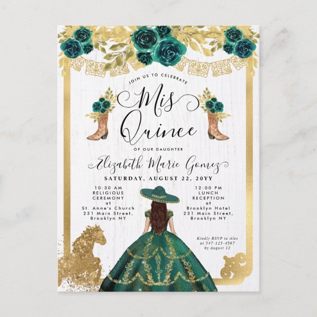 Invitation Carte Postale Floral Emerald Green Charra Princess Quinceanera (Devant)