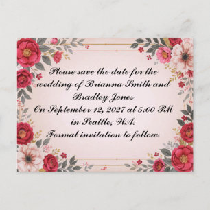 Invitation Carte Postale Floral en mariage rose Enregistrer la date
