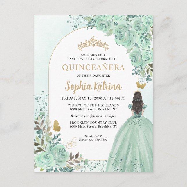 Invitation Carte Postale Floral Green Gold Princesse Anniversaire Quinceane (Devant)