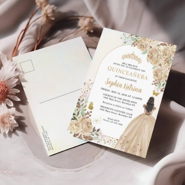 Invitation Carte Postale Floral Lumière or princesse Anniversaire Quinceane (Créateur téléchargé)