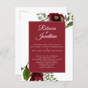 Invitation Carte Postale Floral Mariage rouge Bourgogne