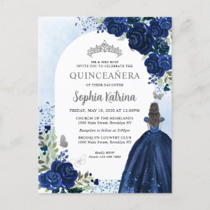 Invitation Carte Postale Floral Marine Blue Argent Gown Anniversaire Quince