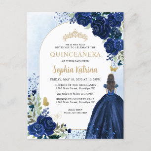 Invitation Carte Postale Floral Marine Blue Gold Gown Anniversaire Quincean