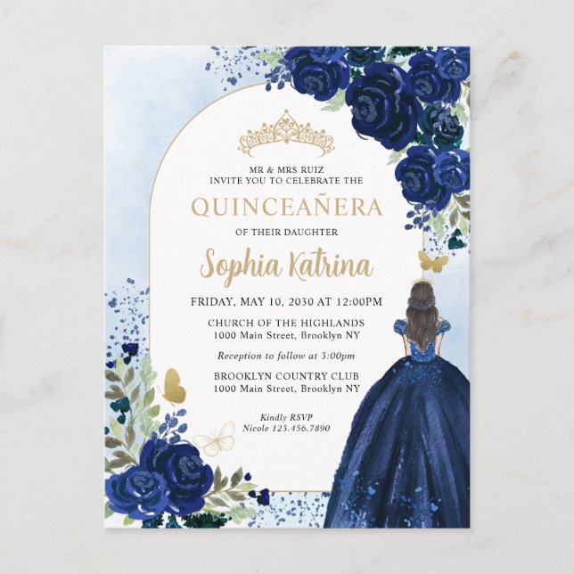 Invitation Carte Postale Floral Marine Blue Gold Gown Anniversaire Quincean (Devant)