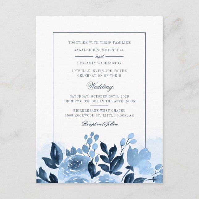Invitation Carte Postale Floral moderne bleu aquarelle Mariage (Devant)