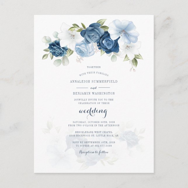 Invitation Carte Postale Floral moderne Botanique Dusty Mariage bleu (Devant)