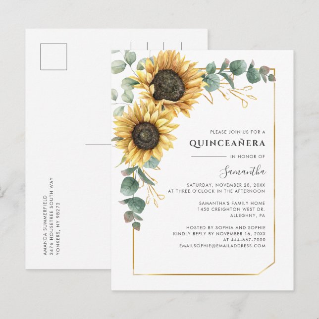 Invitation Carte Postale Floral Quinceanera Tournesol 15e fête d'anniversai (Devant / Derrière)