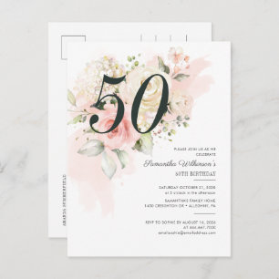 Invitation Carte Postale Floral rose 50e anniversaire fête botanique