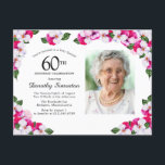 Invitation Carte Postale Floral rose blanc 60e anniversaire<br><div class="desc">De beaux panneaux roses et blancs sont nichés dans des feuilles vert foncé. célébration du 60e anniversaire et nom de la personne est écrit dans un grand texte. Il y a plus de place sur le dos de la carte postale pour créer un message spécial à vos invités. Tout le...</div>