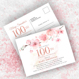 Invitation Carte Postale Floral rose pâle 100e anniversaire