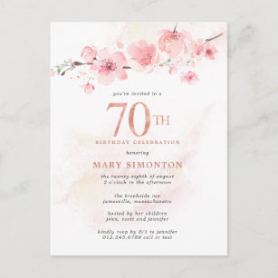 Invitation Carte Postale Floral rose pâle 70e anniversaire