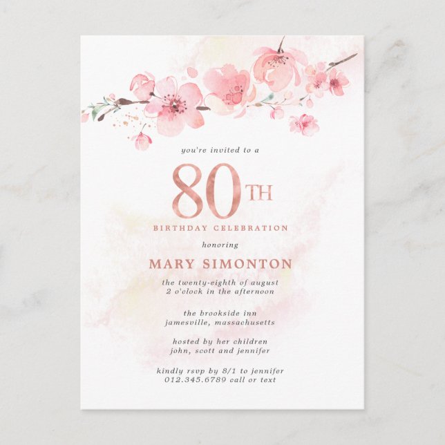Invitation Carte Postale Floral rose pâle 80e anniversaire (Devant)