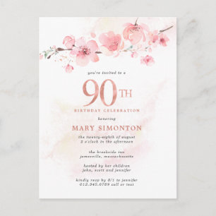 Invitation Carte Postale Floral rose pâle 90e anniversaire
