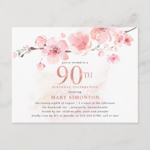 Invitation Carte Postale Floral rose pâle 90e anniversaire