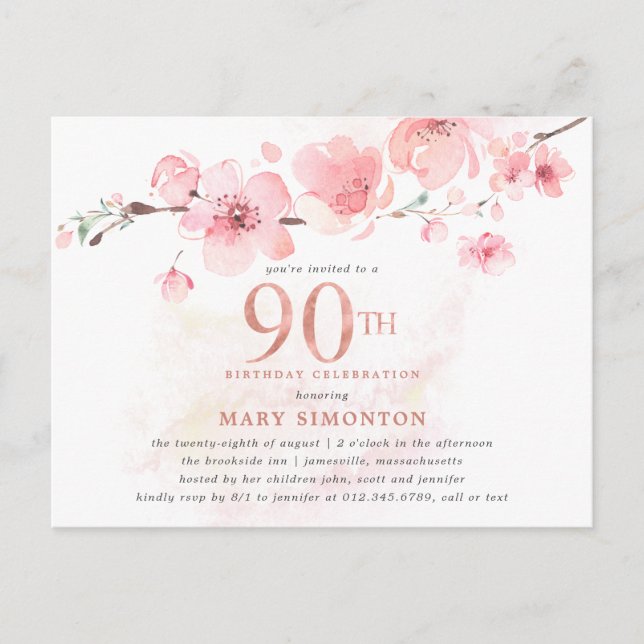 Invitation Carte Postale Floral rose pâle 90e anniversaire (Devant)