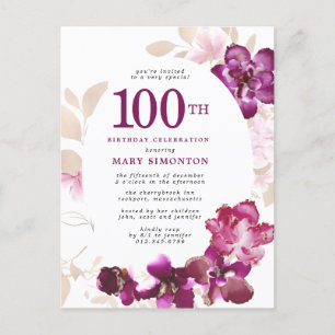 Invitation Carte Postale Floral rose pourpre 100e anniversaire