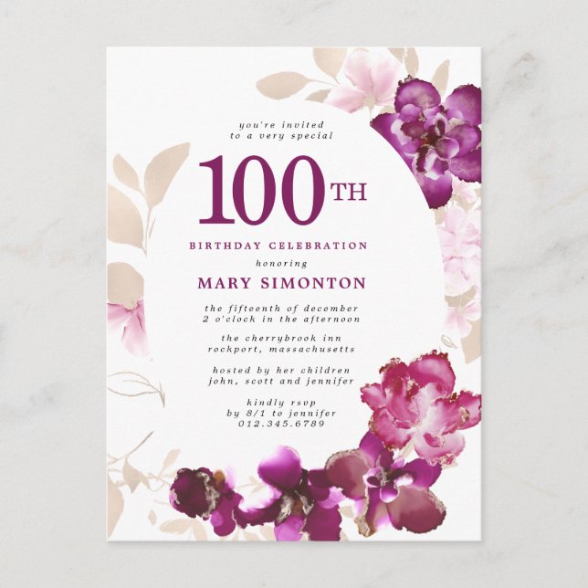 Invitation Carte Postale Floral rose pourpre 100e anniversaire (Devant)