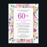 Invitation Carte Postale Floral rose pourpre 60e anniversaire<br><div class="desc">Belle combinaison de fleurs colorées avec des fleurs roses, violettes et jaunes crémeux. Les fêtes d'anniversaire et le nom du célébrant sont aussi violets. Des feuilles verts vifs apportent une touche botanique moderne. Cette invitation fait partie de la collection Festive Floral 60th Birthday. Il contient des modèles faciles à utiliser...</div>