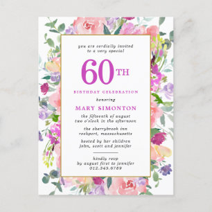 Invitation Carte Postale Floral rose pourpre 60e anniversaire