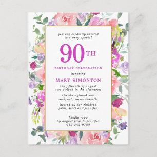 Invitation Carte Postale Floral rose pourpre 90e anniversaire