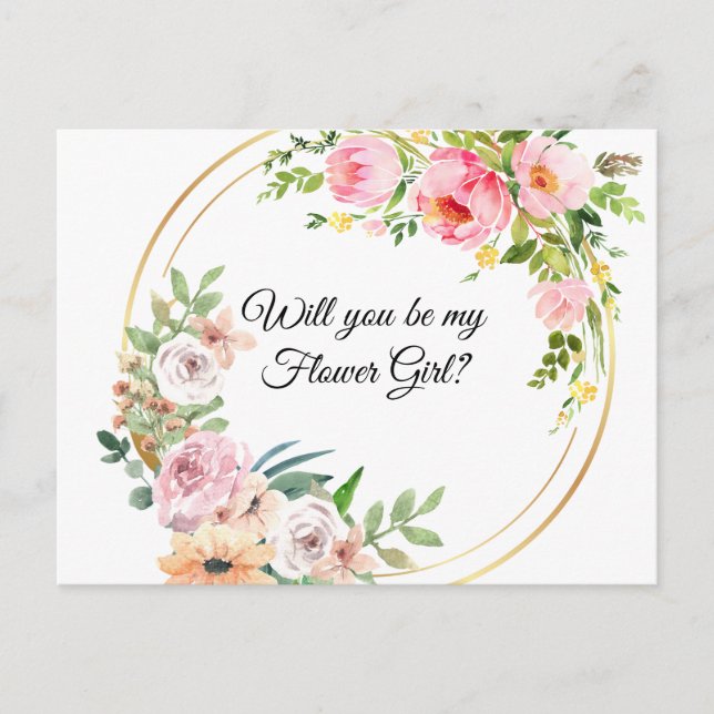 Invitation Carte Postale Floral Rose Serez-Vous Ma Flowergirl ? (Devant)