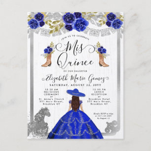Invitation Carte Postale Floral Royal Bleu Argent Charra Cheval Quinceanera